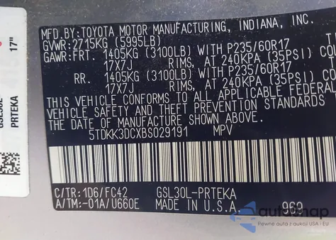 2011 Toyota Sienna Le V6 z USA, uszkodzony, nr VIN 5TDKK3DCXBS029191